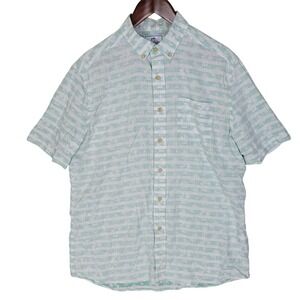 Southern Tide Shirt Men's M Medium Green P Linen Blend Palm Stripe Garden Grove